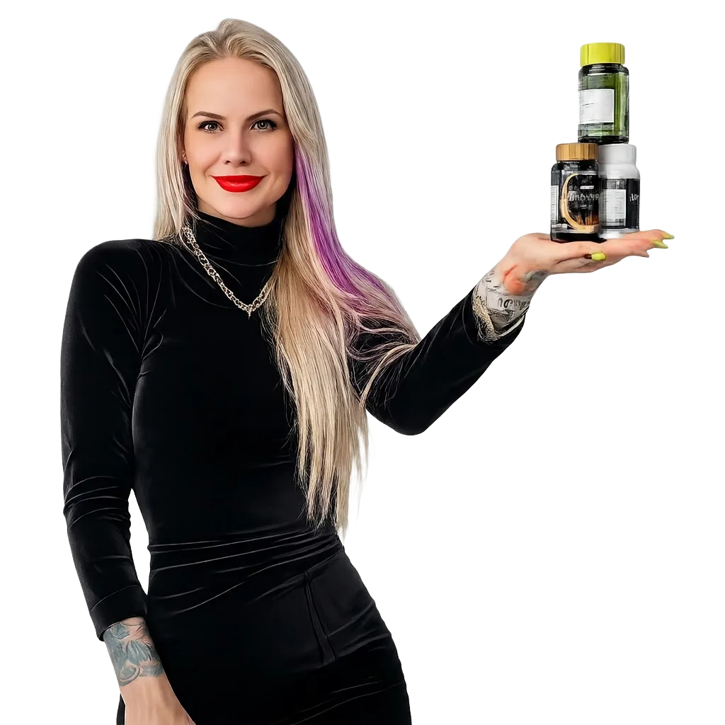 Mulher segurando a linha de suplementos alimentares Refhino — Black Extreme, White, Gold, Detox e Imperium