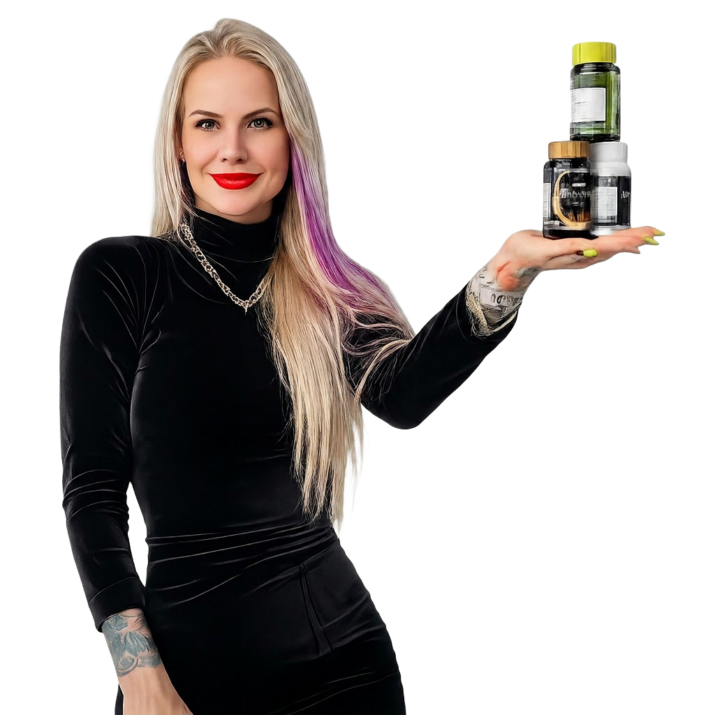Mulher segurando a linha de suplementos alimentares Refhino — Black Extreme, White, Gold, Detox e Imperium